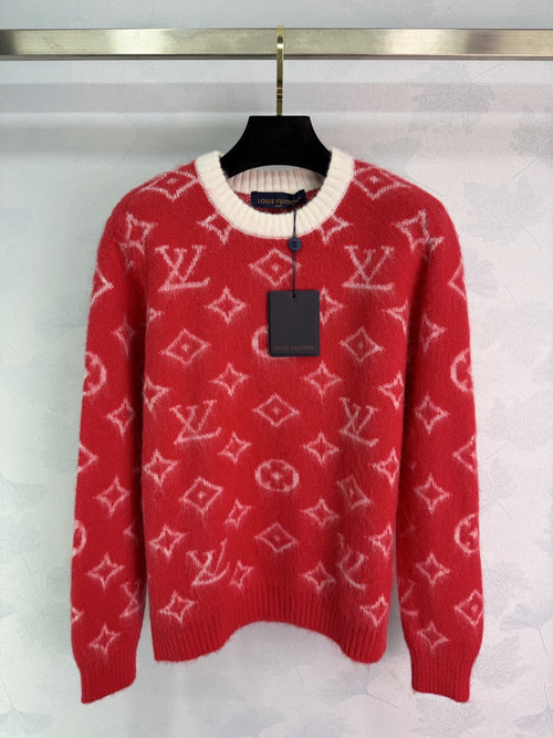 Louis Vuitton Monogram Knit Sweater with Classic Pattern and Red Accent Details
