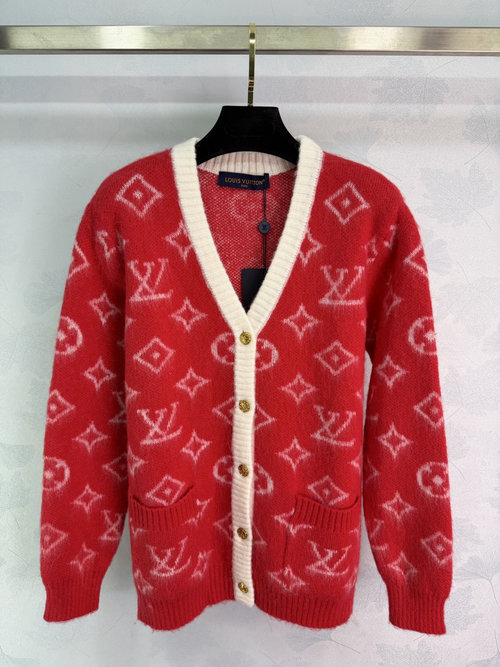 Louis Vuitton Monogram Knit Cardigan with Red Base and Golden Buttons