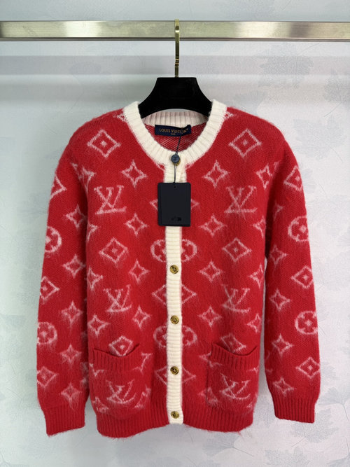 Louis Vuitton Monogram Knit Cardigan with Red Base and Golden Buttons