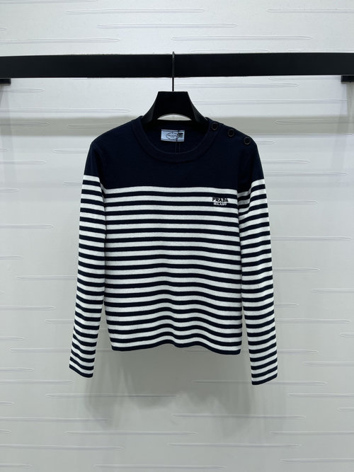Prada Premium Stripe Long-Sleeve Knit Top with Embroidered Logo