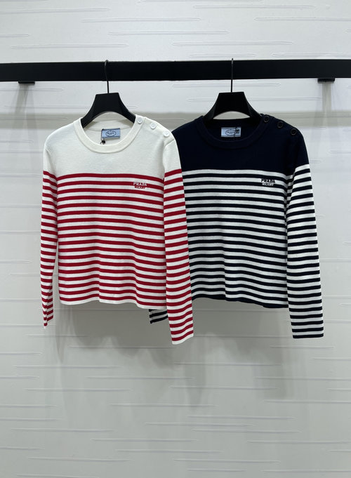 Prada Premium Stripe Long-Sleeve Knit Top with Embroidered Logo