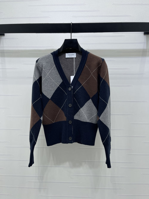 Thom Browne Early Spring V-Neck Color Block Diamond Knit Cardigan, Short