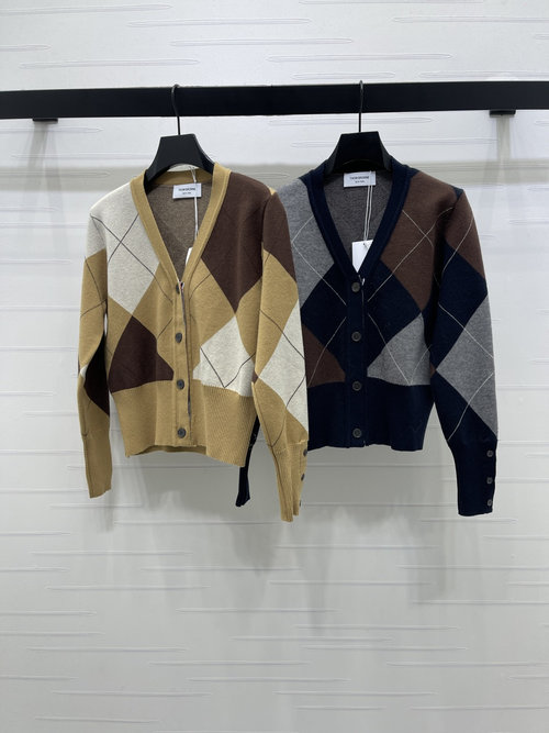Thom Browne Early Spring V-Neck Color Block Diamond Knit Cardigan, Short