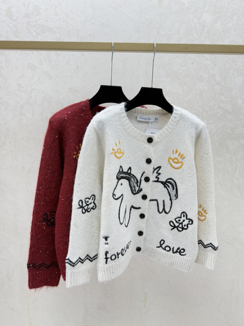 Loewe Elegant Color-Blocked Round-Neck Knit Cardigan with Unicorn Embroidery