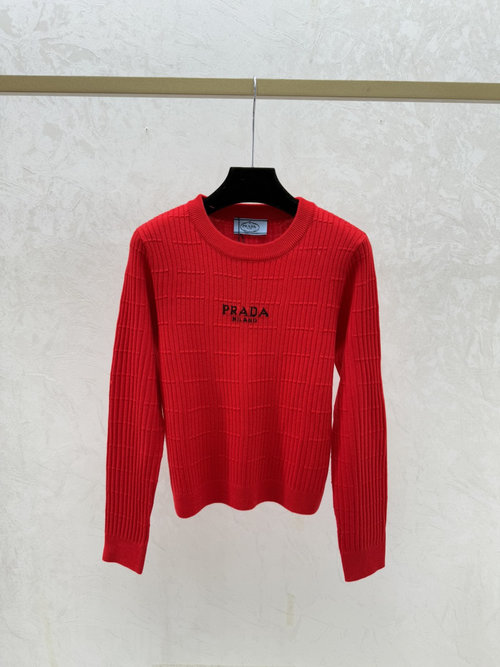 Prada Sophisticated Color-Blocked Letter Round-Neck Long-Sleeved Knit Shirt