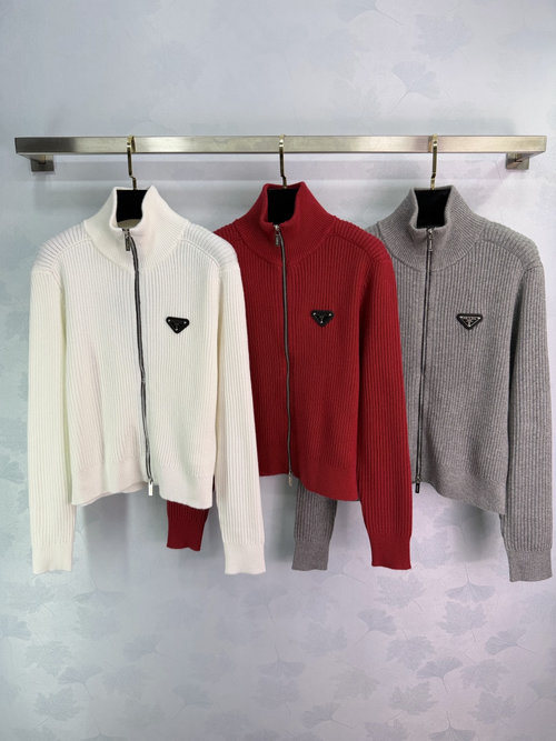 Prada Classic Stand-Collar Knit Sweater in Soft Wool Blend with Metallic Triangle Logo