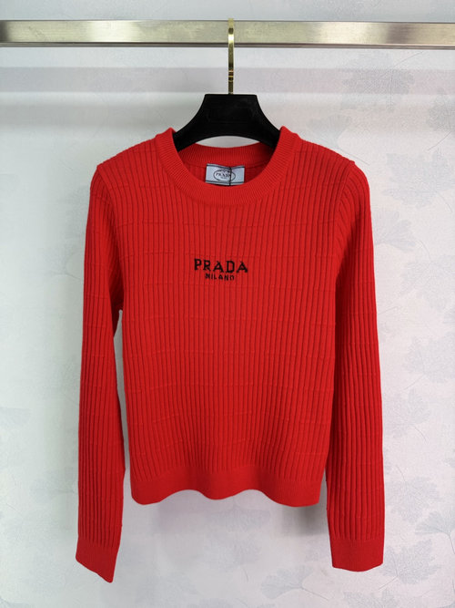 Prada Timeless Brand Letter Logo Knit Sweater with Color Contrast