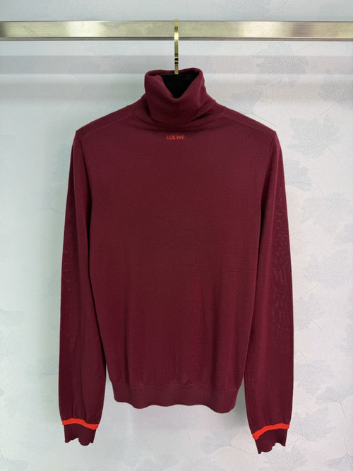 Loewe High-Neck Sweater with Red Cuff Stripes and Logo Embroidery