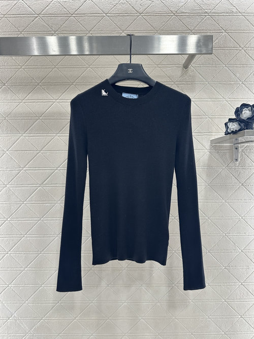 Prada Round Neck Knit Top with Metal Logo, Comfortable and Streamlined