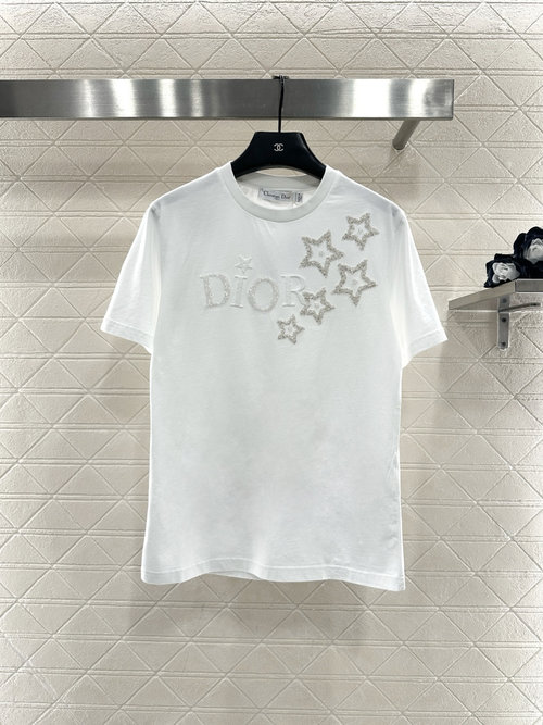 Dior Charming Short-Sleeve Top with Beaded Logo in Cotton Blend