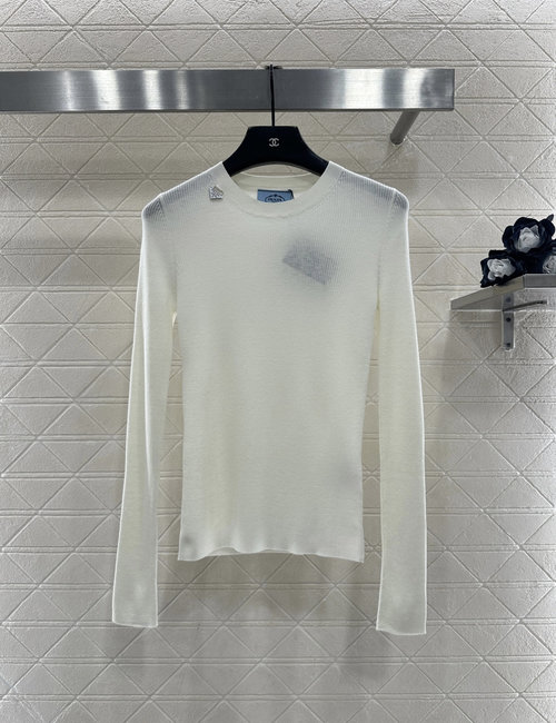 Prada Round Neck Knit Top with Metal Logo, Comfortable and Streamlined