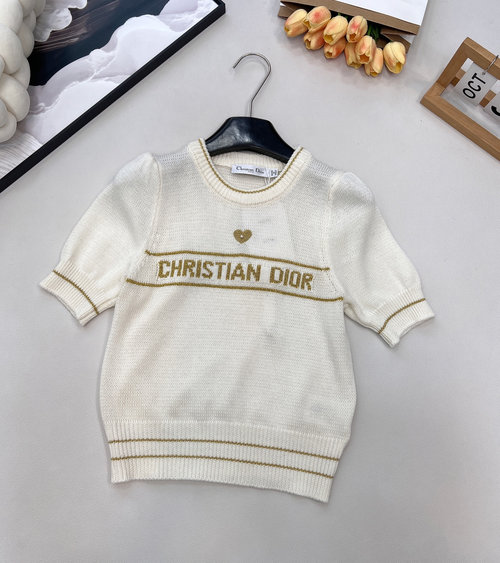 Dior Bubble Sleeve Knit Top with Pearl Heart Decoration