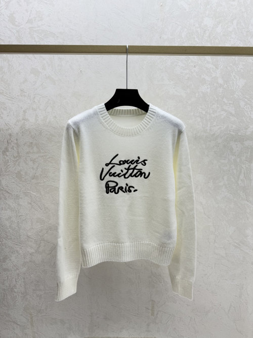 Louis Vuitton White Knitted Long-Sleeved Top with Contrast Letter Embroidery