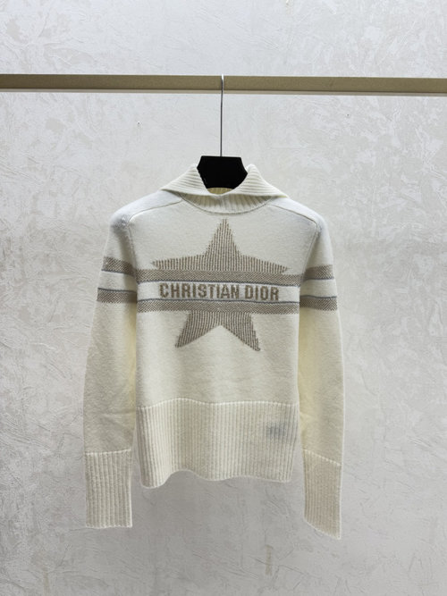 Dior White Knitted Long-Sleeved Top with Contrast Star and Letter Collar