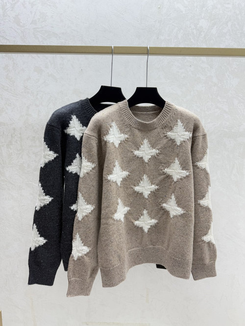 Prada Khaki and Gray Knitted Long-Sleeved Top with Contrast Star Jacquard