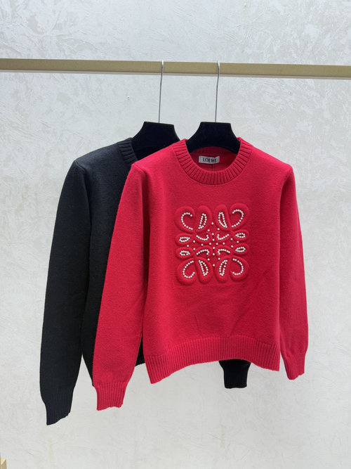 Loewe Red and Black Knitted Long-Sleeved Top with Heavy Beading