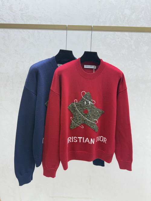 Dior Knitted Long - Sleeve with Colorful Stars and Letters in Red and Royal Blue