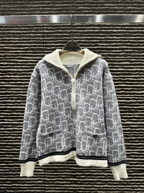 Dior Full-Print Jacquard Letter High-Collar Half-Zip Knit Pullover