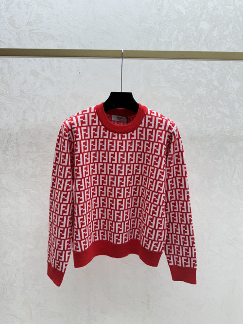 Fendi Contrast Floral Letter Round-Neck Knitted Long-Sleeve Top in Red