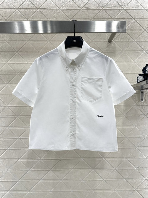Prada Customized Cotton Short-Sleeved Shirt with Embroidered Logo, Two Color Choices