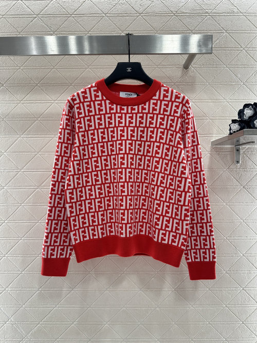 Fendi Double-F Logo Jacquard Round Neck Wool Sweater