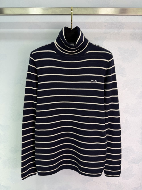 Prada Knitted Wool Collared Turtleneck with Two-Color Stripes, Custom Made