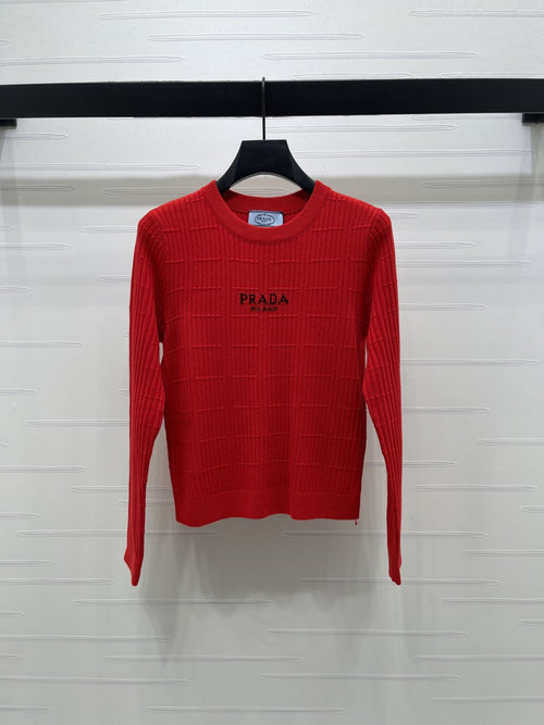 Prada Classic Comfortable Knit Top with Ribbed Texture and Floral Logo