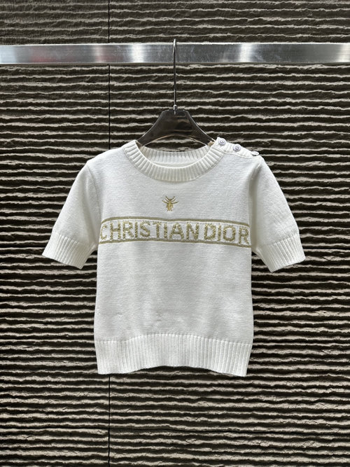 Dior New Arrival: Gold Thread Embroidered Letter Wool Short-Sleeve Top