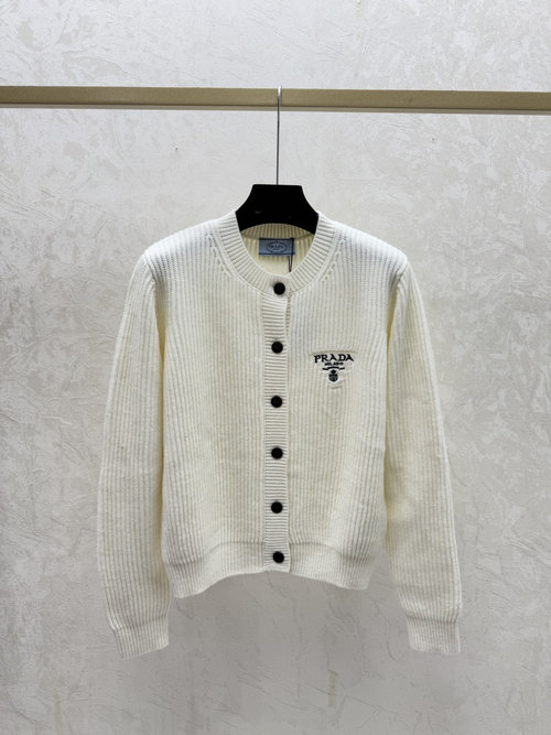 Prada Vertical Ribbed Round Neck Cardigan with Brand Logo Embellishment