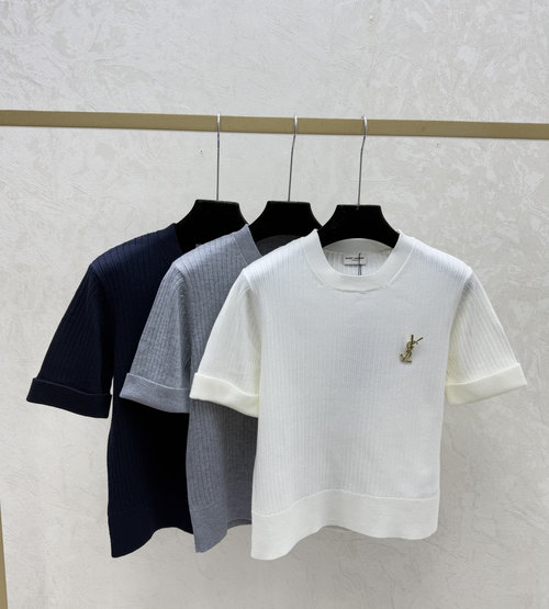 Yves Saint Laurent Solid Color Round Neck Knit Short Sleeve