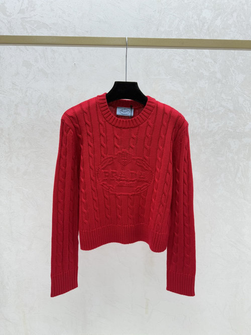 Prada Solid Color Letter Embroidered Round Neck Knit Sleeve