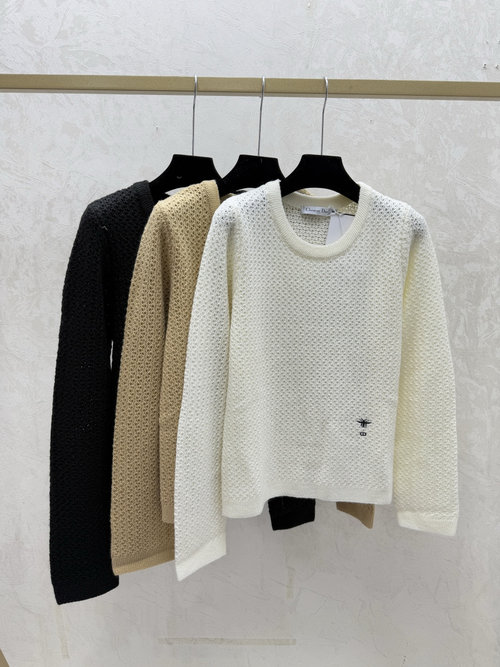 Dior Solid Color Hollowed Round-Neck Long Sleeve Knit in Neutral Tones