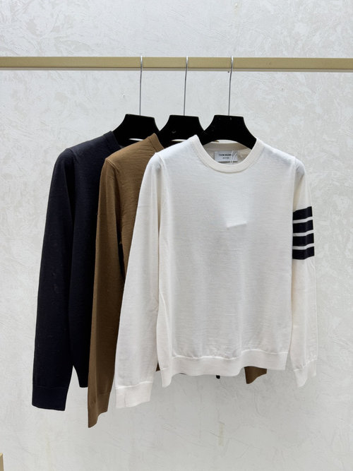 Thom Browne Contrast Striped Round-Neck Long Sleeve Knit in Earthy Tones