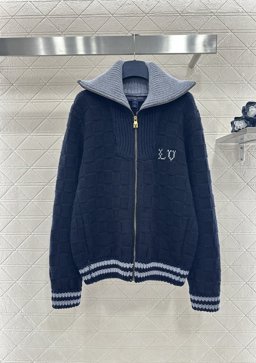 Louis Vuitton Contrast Collar Knit Zip-Up Jacket with Checkered Pattern