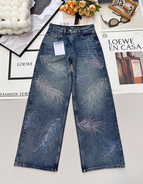 Chanel High-Waisted Wide-Leg Trousers with Feather Design