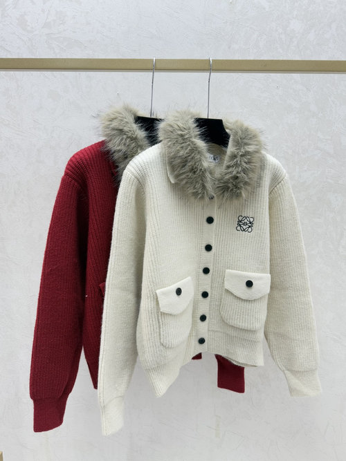 Loewe Detachable Faux Fur Collar Cardigan with Embroidered Logo