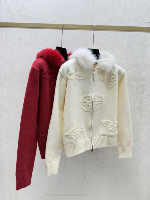 Louis Vuitton Furry-Collar Hooded Knit with 3D Embroidery, Refined Elegance