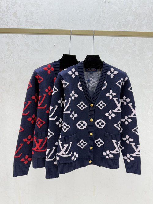 Louis Vuitton Double Pocket Jacquard V Neck Knit Cardigan with Four - leaf Clover Design