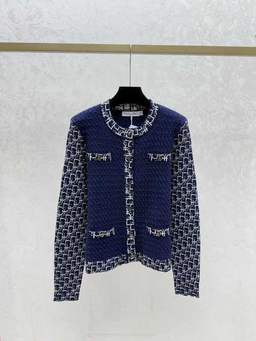 Dior Early Autumn Contrast Monogram Round-Neck Knit Cardigan