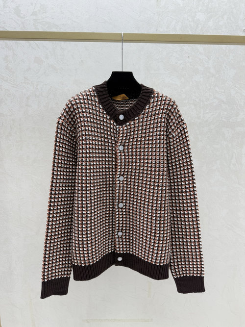 Louis Vuitton Coffee Color - Blocked Round - Neck Knit Long - Sleeve Cardigan
