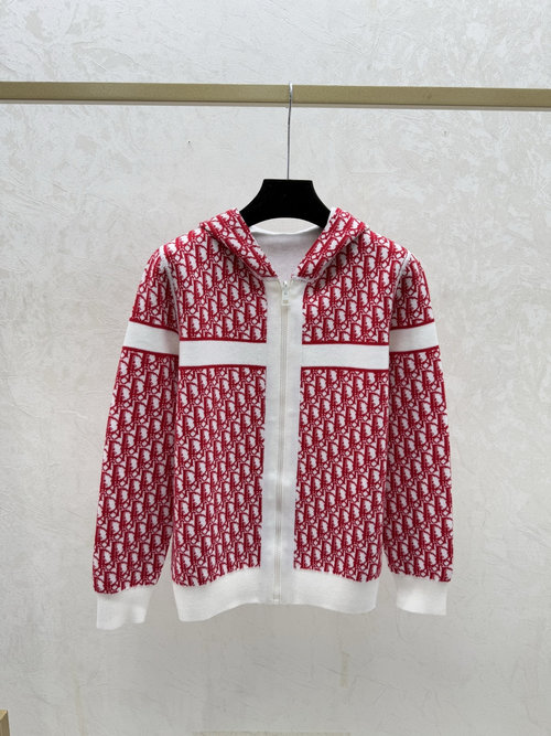 Dior Red Color - Blocked Hooded Vintage Letter Double - Sided Knit Long - Sleeve Cardigan