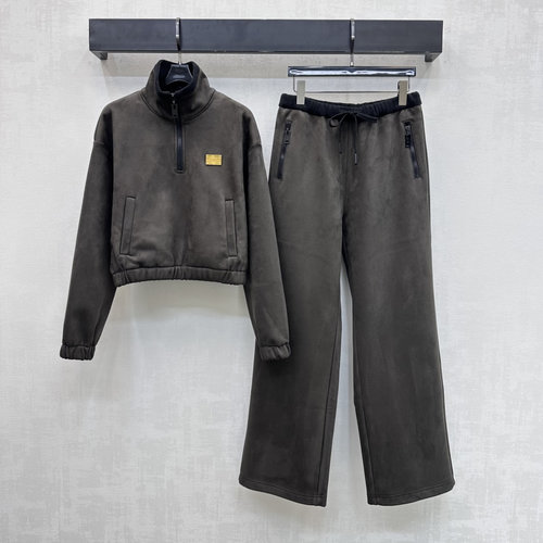 Louis Vuitton Custom Suede Blazer and Straight-Leg Pants Set with Logo for Classic Chicness