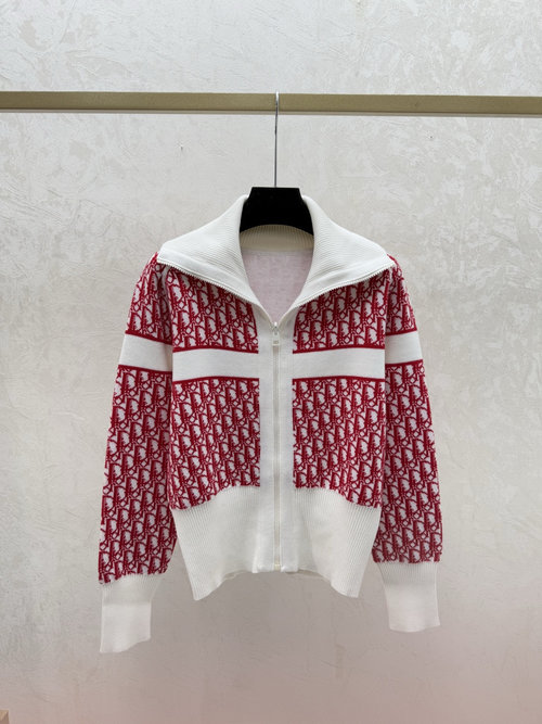 Dior Red Color - Blocked Vintage Collared Double - Sided Knit Long - Sleeve Cardigan