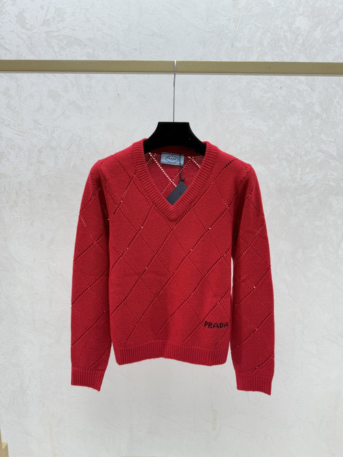 Prada Solid Color Rhombus Hollow Round Neck Knitted Top with New Logo Design