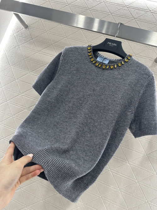 Prada Customized YB Water Drill Knitted Short Sleeve Top, Elegant Design