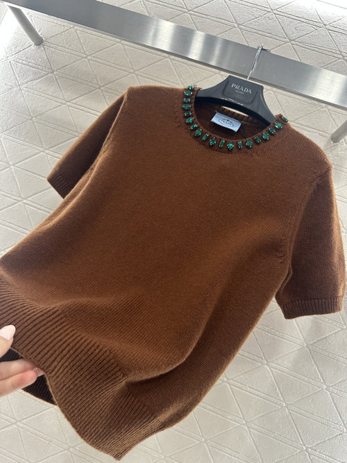 Prada Customized YB Water Drill Knitted Short Sleeve Top, Elegant Design