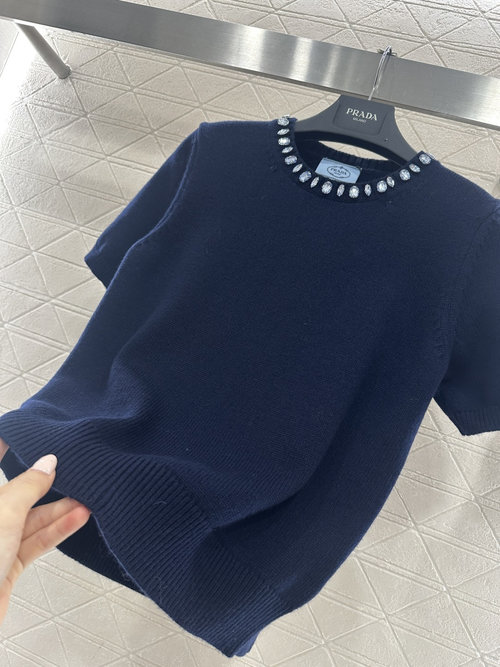 Prada Customized YB Water Drill Knitted Short Sleeve Top, Elegant Design