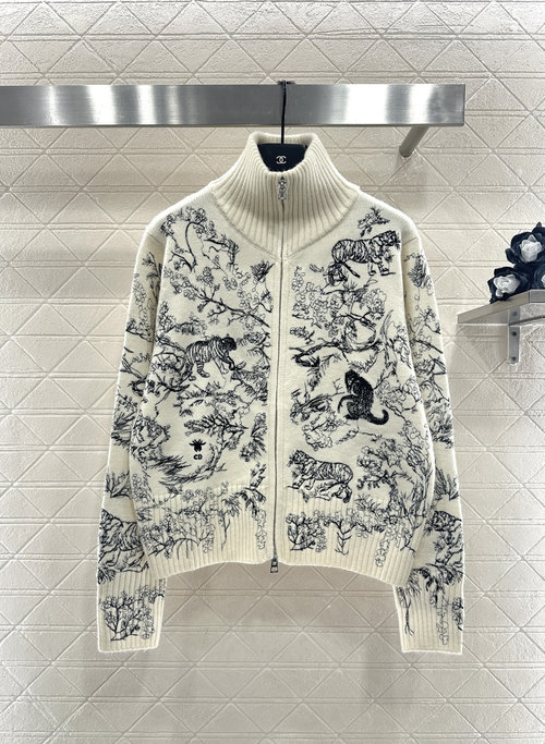 Dior Embroidered Knitted Zippered Jacket with Nature Patterns and Brand Logo