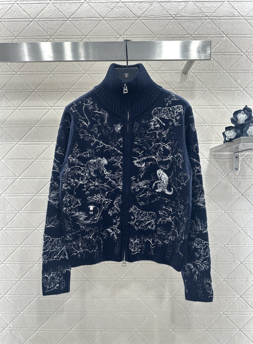Dior Embroidered Knitted Zippered Jacket with Nature Patterns and Brand Logo