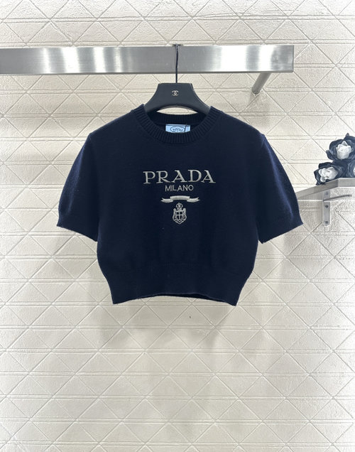Prada Puff Sleeve Short Knit Top with Elegant Patterns, Sophisticated and Retro
